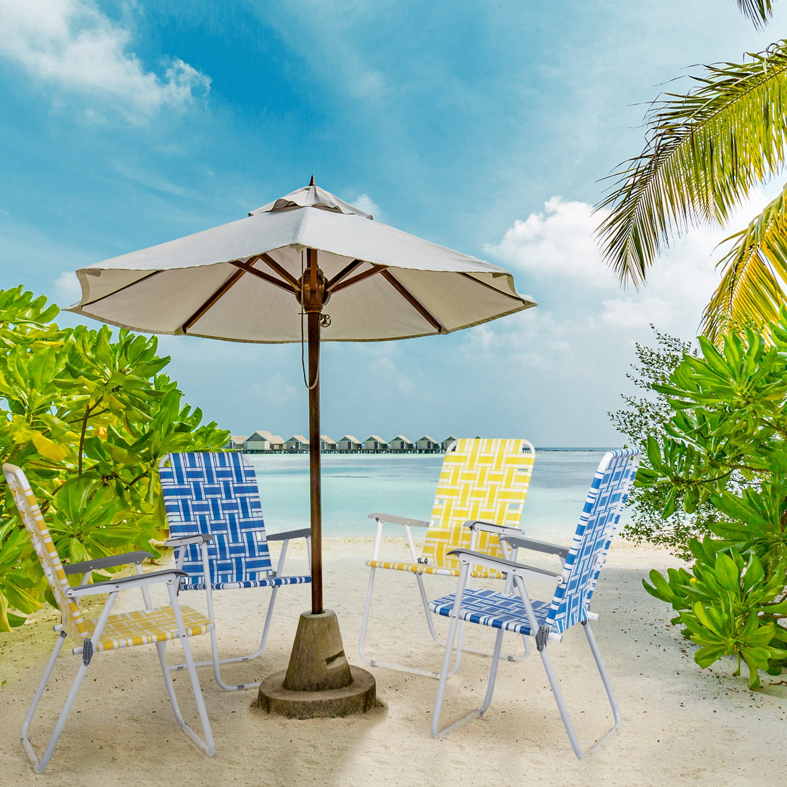 2Pcs Folding Beach Chair, Steel Tube PP Webbing Bearing 120kg Blue & White Strip
