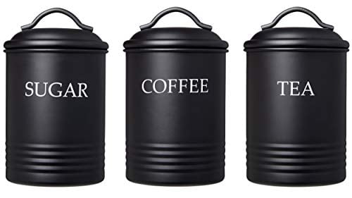 Set of 3 Airtight Tea Sugar Coffee Storage Canister Jars Pots Container Black UK 