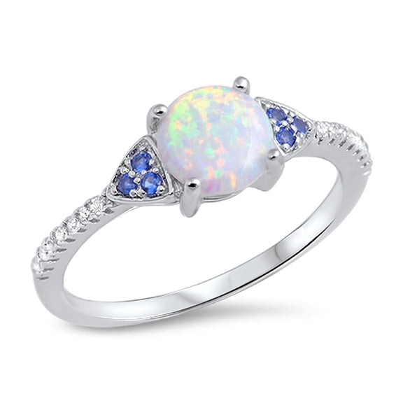 CHOOSE YOUR COLOR Blue Simulated Sapphire Round White Simulated Opal Ring .925 Sterling Silver Band CZ Female Size 6