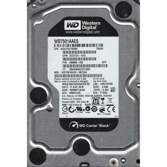 WD7501AAES-60Z2A0, DCM HBNNHTJAAB, Western Digital 750GB SATA 3.5 Hard Drive