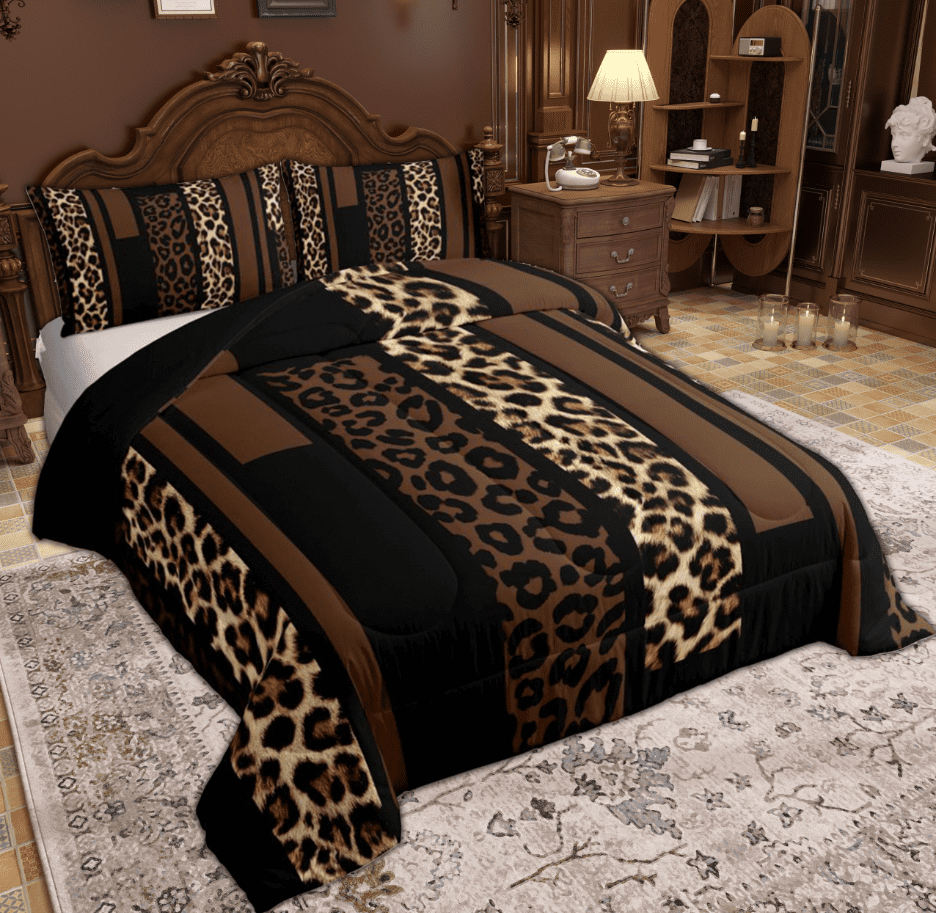 Feelyou Leopard Cheetah Print Queen Comforter Set, Modern Fashion Brown Bedding Sets, Teens Adult Women Men Reversible Bedding Comforter Set, Microfiber Bedroom Decor, 3pcs