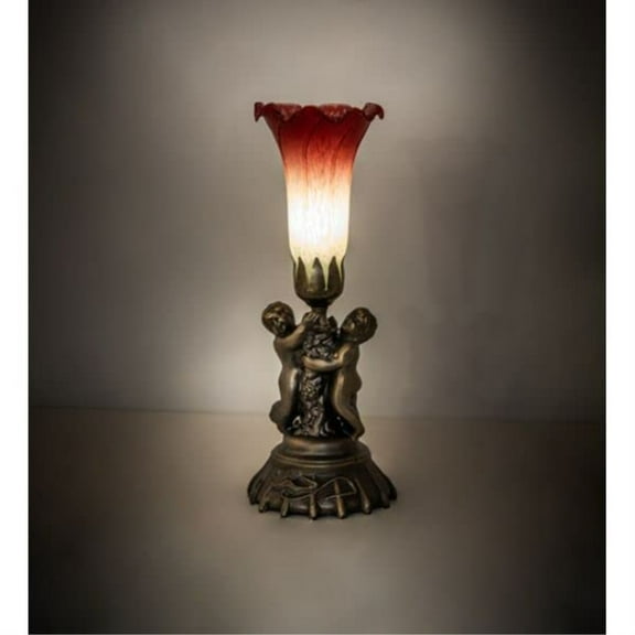 Meyda Lighting 13" High Seafoam/Cranberry Tiffany Pond Lily Twin Cherub Accent Lamp