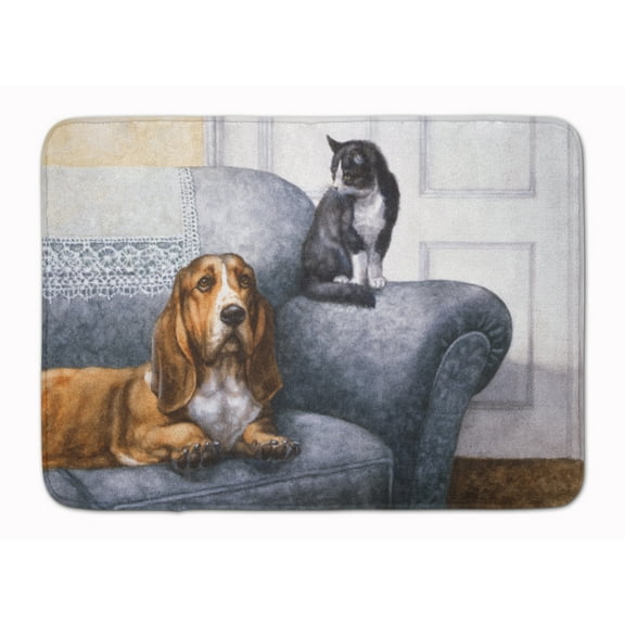 Basset Hound and Cat on couch Machine Washable Memory Foam Mat