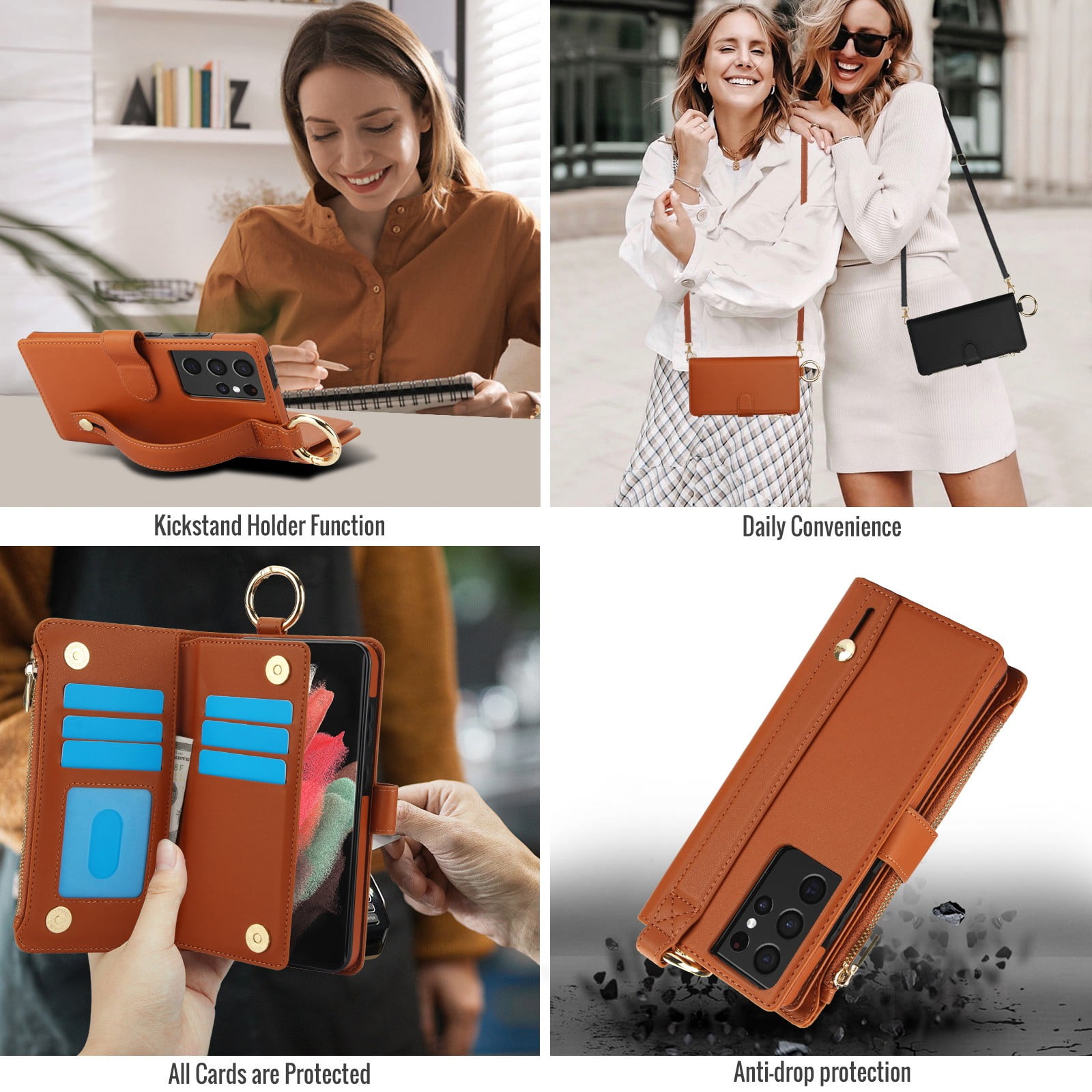 ELEHOLD For Samsung Galaxy S21 Ultra Phone Case Leather Crossbody Zipper Card Wallet Flip Case Kickstand Cover, with Ring Holder,Full Body Protection-Brown