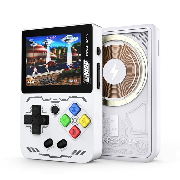 Unico Handheld Game Console with 5000mAh Wireless Power Bank, 2.4" IPS Screen (White)