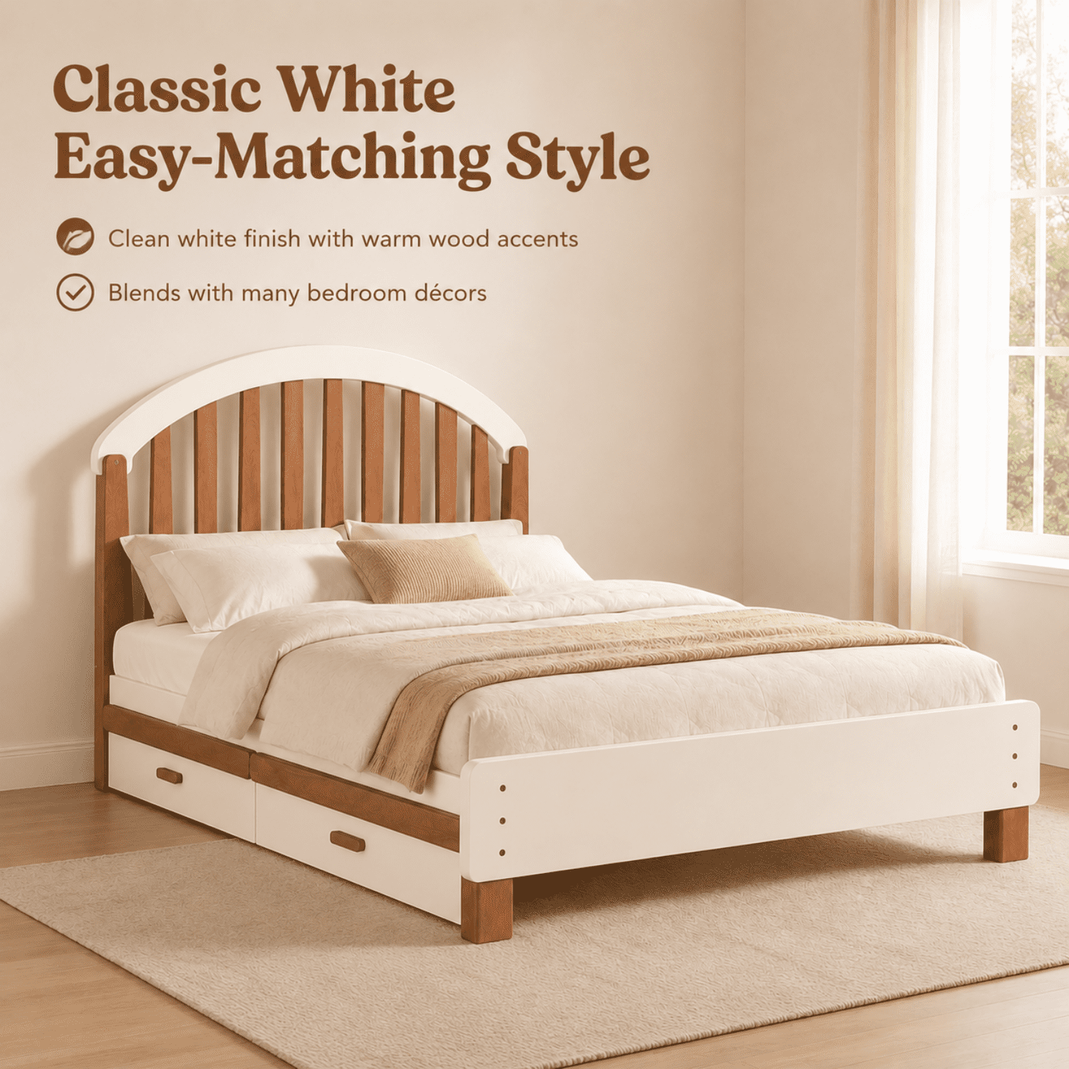 Miniyam Full Size Kids Bed Frame with Storage Drawer, Wooden Platform Bed, Beige & Natural
