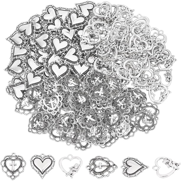 150 piezas de dijes de corazón de amor de estilo tibetano de 3 estilos, dijes de aleación de corazón de plata hueco para hacer joyas, aretes, pulseras, collares, longitud 19,5-21,5 mm