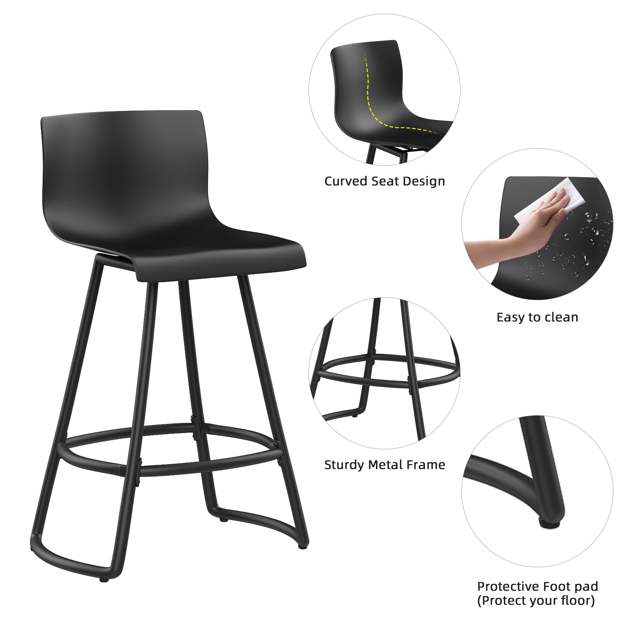 Andeworld 30" Swivel Bar Stools with Backs Plastic Counter Height Stools with Metal Legs (Set of 4, Black）