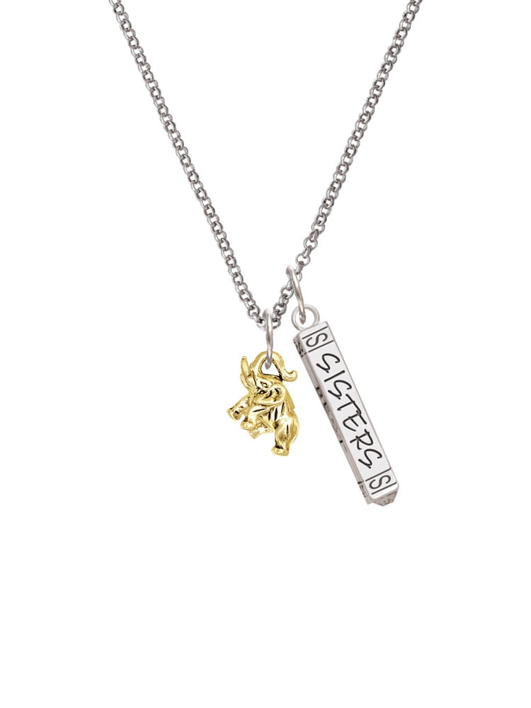 Delight Jewelry Goldtone Mini 3-D Elephant Silvertone Sisters Best Friends Forever Bar Charm Necklace, 23"
