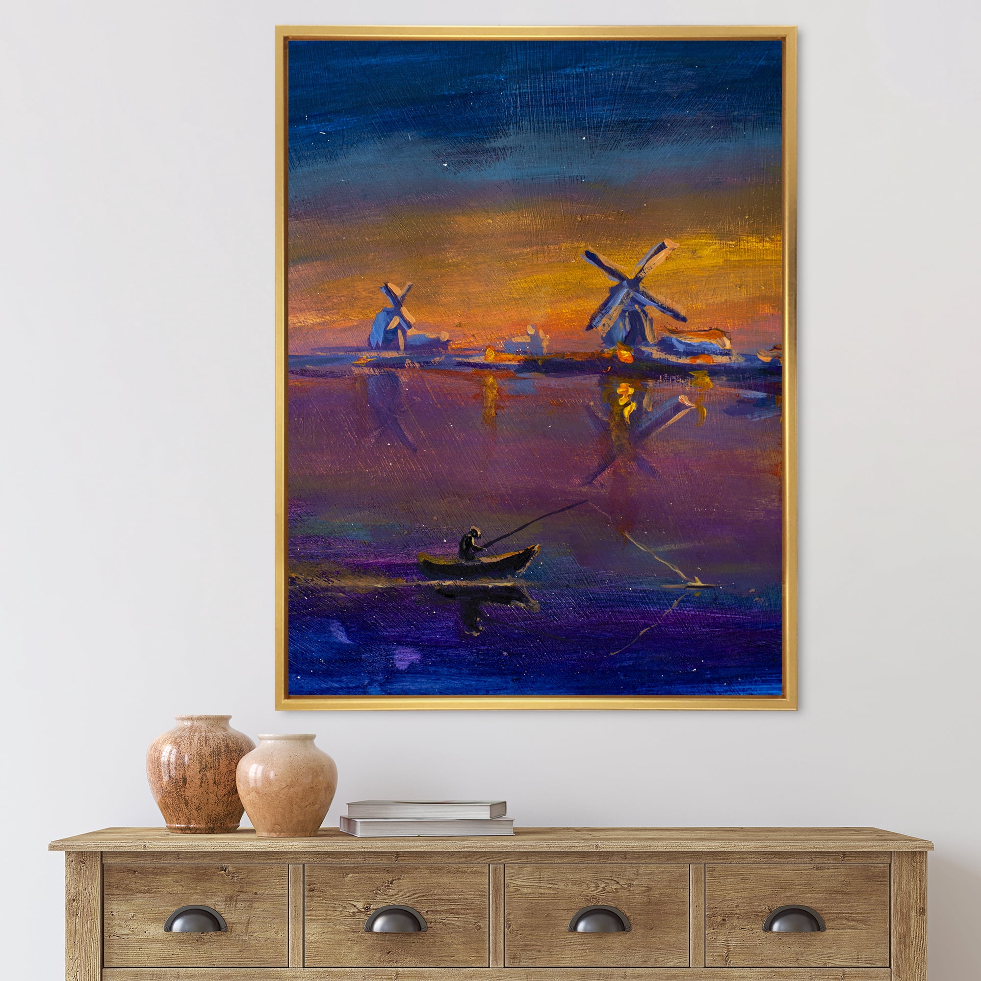 Designart 'Evening Fishing Near The Traditional Windmill' Nautical & Coastal Framed Canvas Wall Art Print