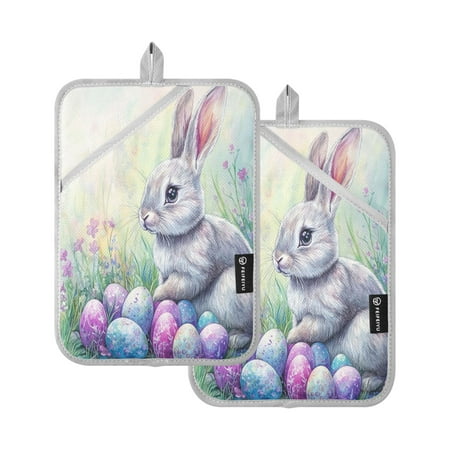 

WOBOGO Easter Blue Bunny Oven Mitts 2 Piece Heat Resistant 338 Degrees F Square Insulation Pads for A Wide Range of Cooking Occasions
