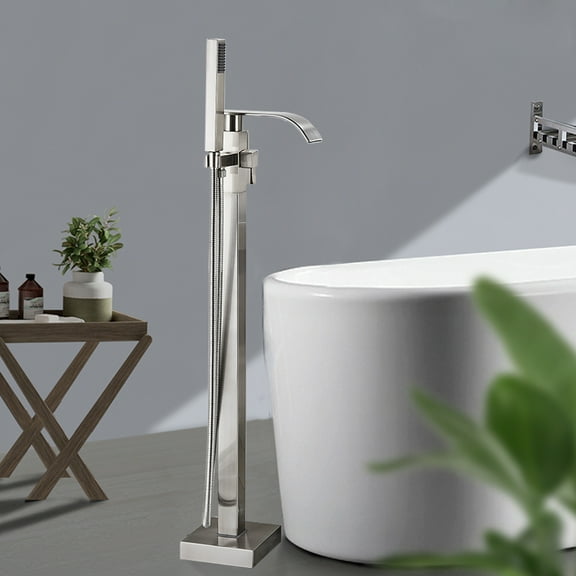 Free standing Bathtub Faucet Brushed Nickel Floor Mount Tub Filler Mixer Shower