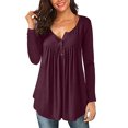 thumbnail image 1 of Túnica de mujer Tops Otoño Invierno Manga Larga Suelta Cuello en V Botones Hasta Flowy Plisado Jersey Henley Camisas Blusa Camiseta, 1 of 2