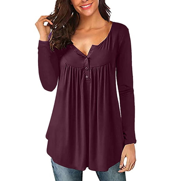 Túnica de mujer Tops de manga larga suelta cuello en V con botones y plisado fluido Otoño Invierno Henley Camisas blusa camiseta