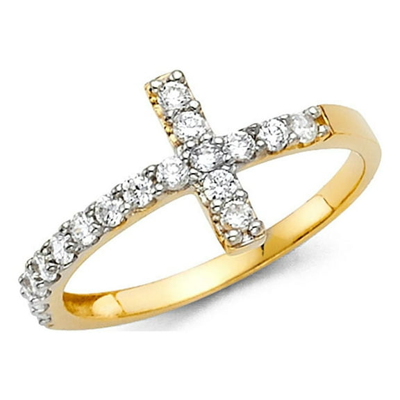 CZ Cross Ring Solid 14k Yellow Gold Band Religious Style Pave Set Polished Finish Fancy, Size 7