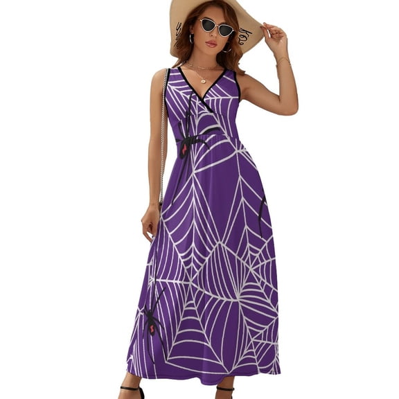 Spider Web Spider Purple Womens Night Club Maxi Dress V Neck Sleeveless Bohemia Long Dresses
