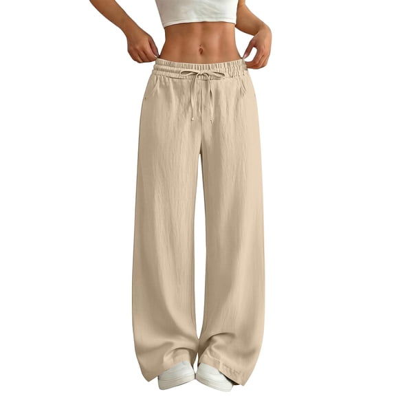 Guluxicc Womens Summer Casual Wide Leg Pants Elastic Waist Linen Trousers with Pockets Lightweight Pants for Travel