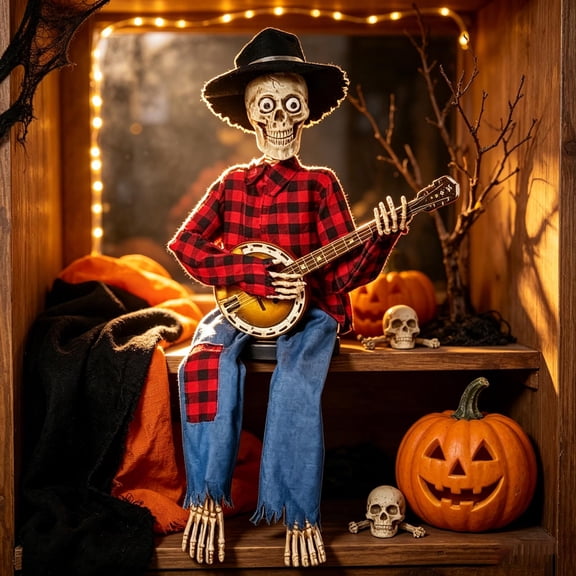 Halloween Banjo Playing Skeleton Figurine Posable Cowboy Outfit Resin Tabletop Statue For Fall Harvest Mantel Fireplace Seasonal Indoor Holiday Decor Supplies