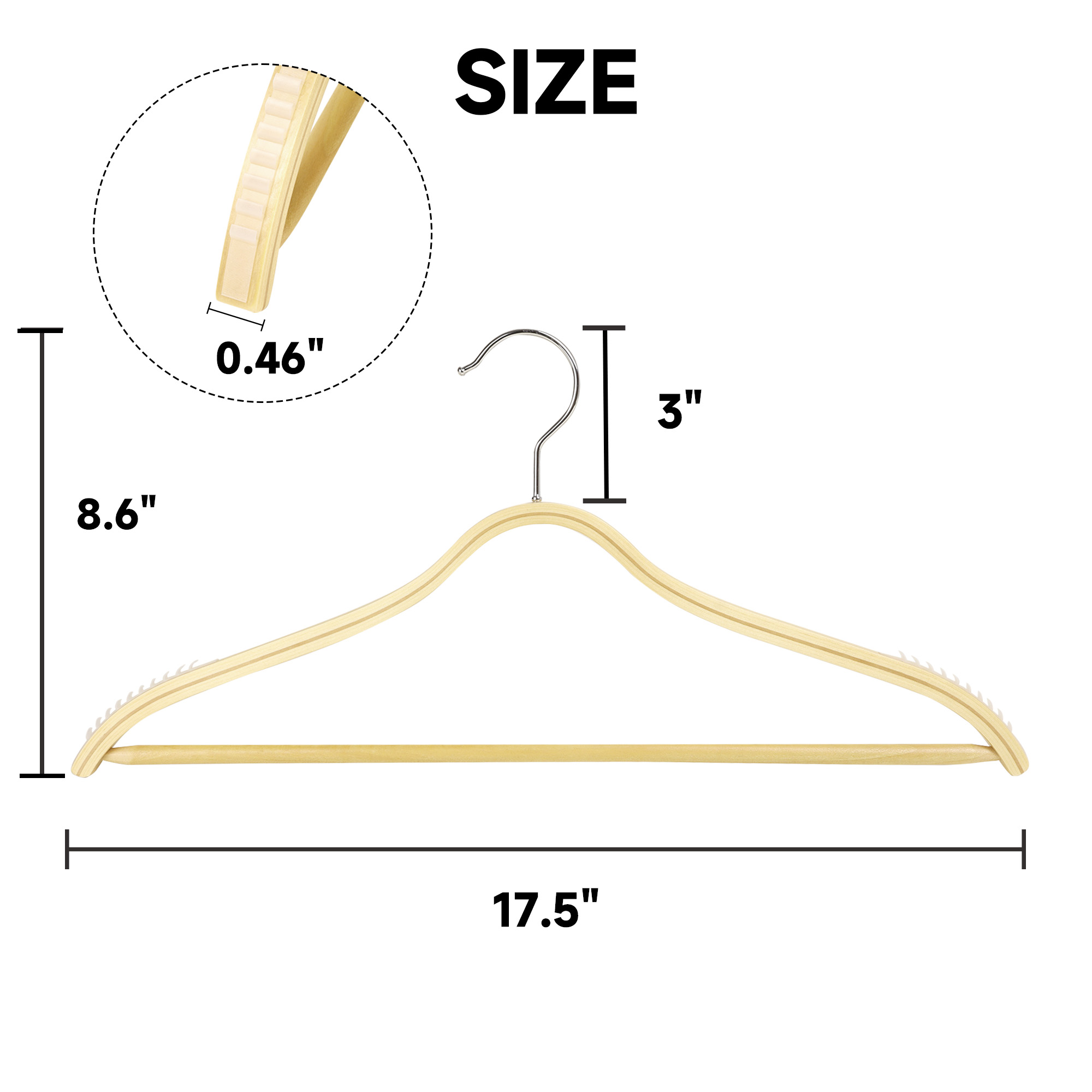 BP4U 24-Pack Wooden Hangers with Pants Bar, Slim Birch Lightweight Birch Wood Hangers with Non-Slip Rubber Strips, Space Saving Profile for Trousers, Sweaters, and Dresses(Natural Wood)