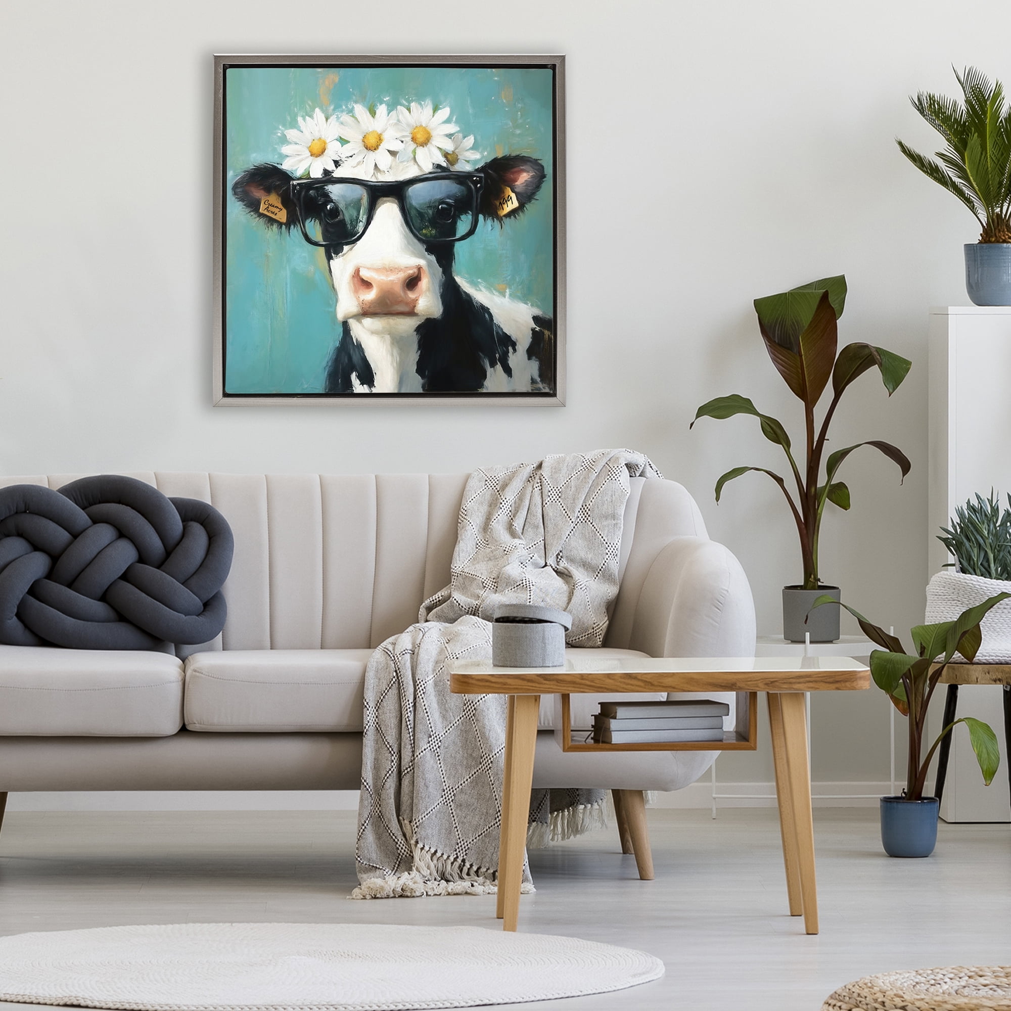 Stupell Industries Nerdy Nessie Cow Gray Framed Floater Canvas Wall Art, design by Tina LeCour