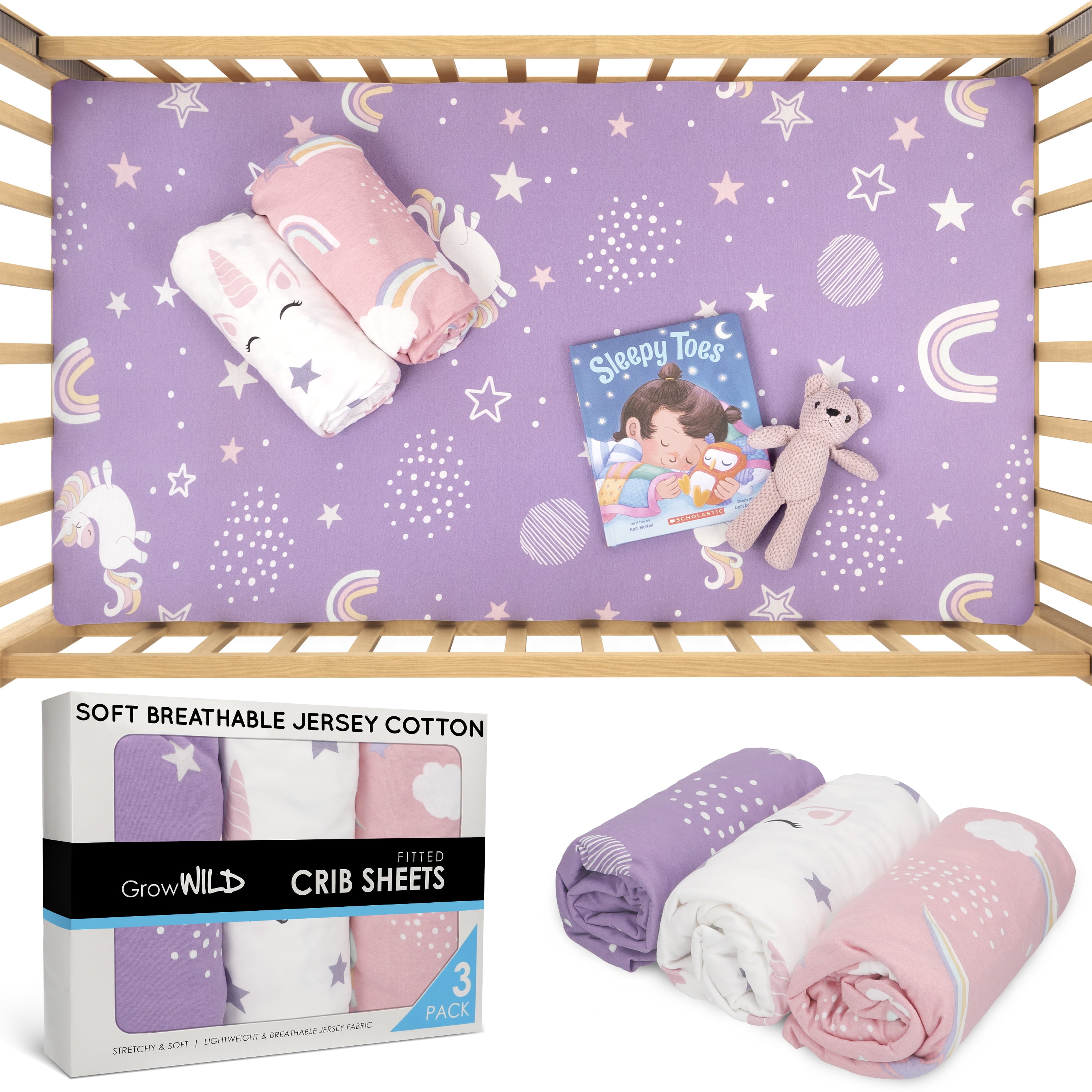 Grow Wild Baby Crib Sheets for Girls (3 Pack), Soft Jersey Cotton Fitted Crib Sheets for Infant, Babies or Toddlers Unisex - 52"x 28" x 9", Unicorns and Rainbows