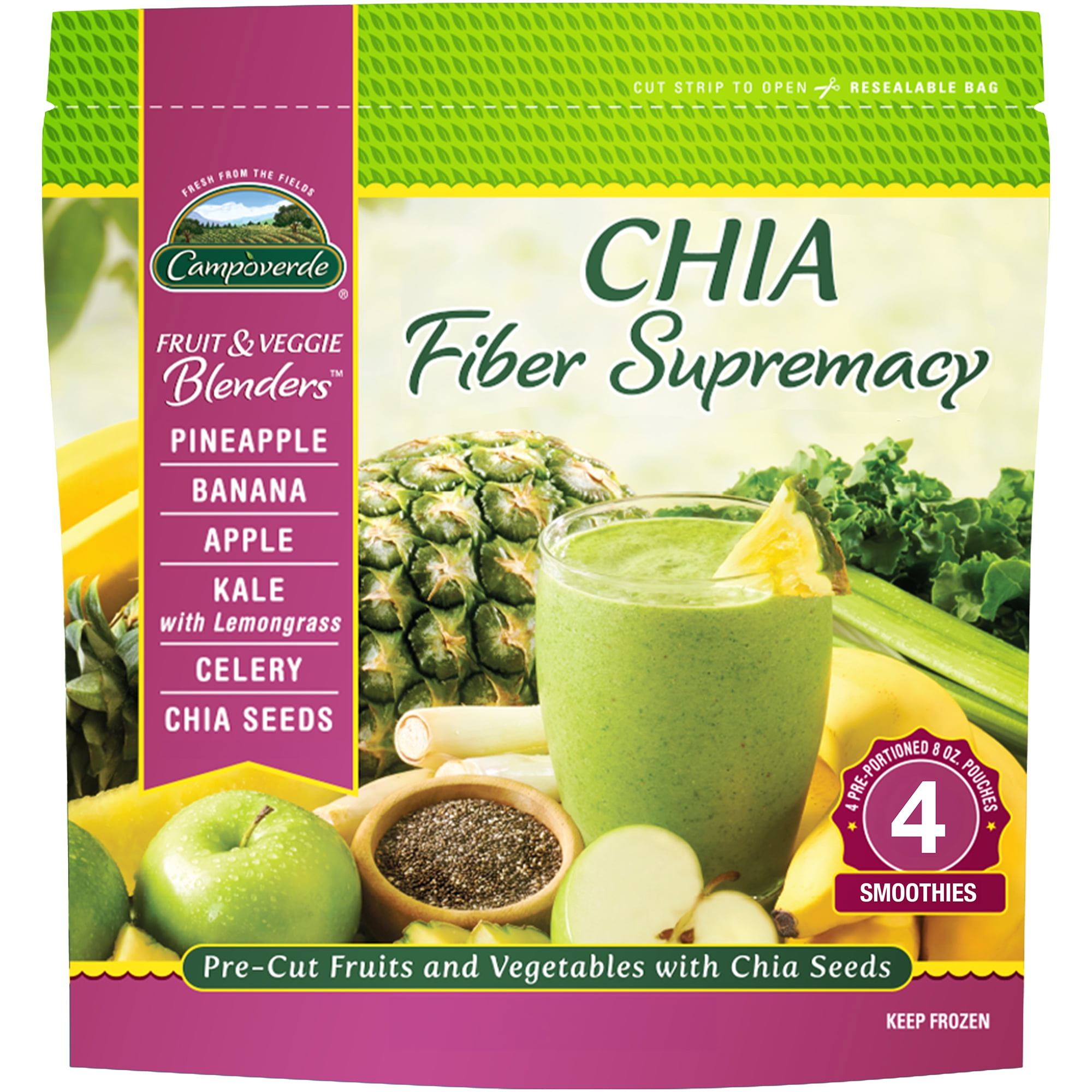 Campoverde Frozen Fruit & Veggie Smoothie Mix, Chia Fiber Supremacy with Pineapple, 4 Pre-Portioned Packs, No Added Sugar, 32 oz