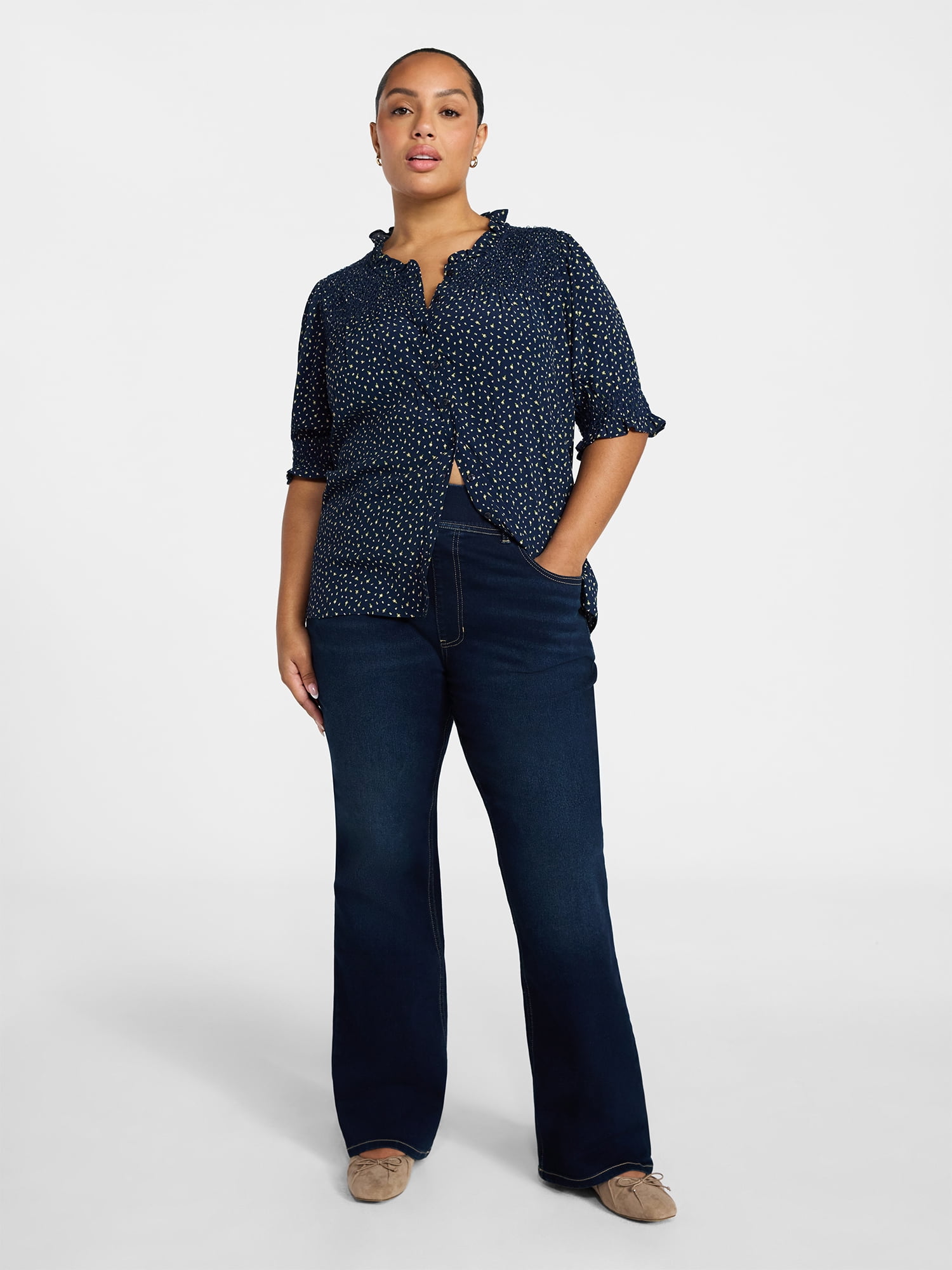 Terra & Sky Women's Plus Size Smock Yoke Top with Elbow Sleeves, Sizes 0X-5X
