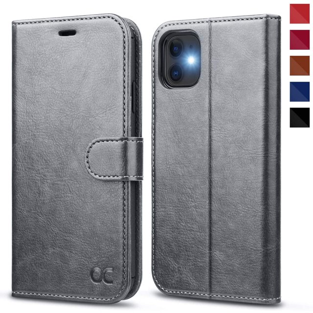 IBAOLEA iPhone 11 Case, iPhone 11 Wallet Case with Card Holder, PU Leather Flip Case with Kickstand and Magnetic Closure, TPU Shockproof Interior Protective Cover for iPhone 11 6.1 Inch (Red) Gray