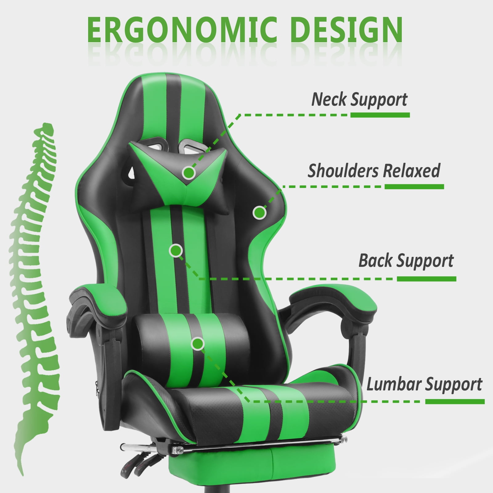 Luxvie Gaming Chair with Footrest High Back Computer Office Gamer Chair with Massage and Headrest Lumbar Support Swivel Seat Ergonomic Game Chair for Adults, Green