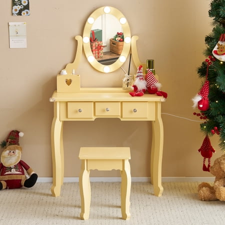 Ktaxon Kids Play Makeup Vanity Set with 3-Color Light Girls Vanity Dresser Desk with Matching Stool Light Orange
