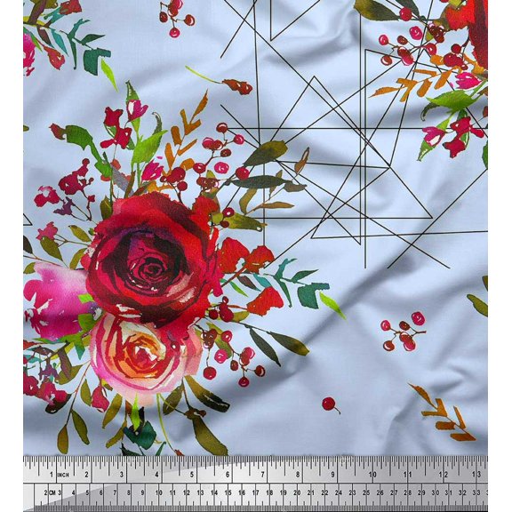 Soimoi Poly Georgette Fabric Triangle,Berries & Rose Flower Print Sewing Fabric Yard 42 Inch Wide