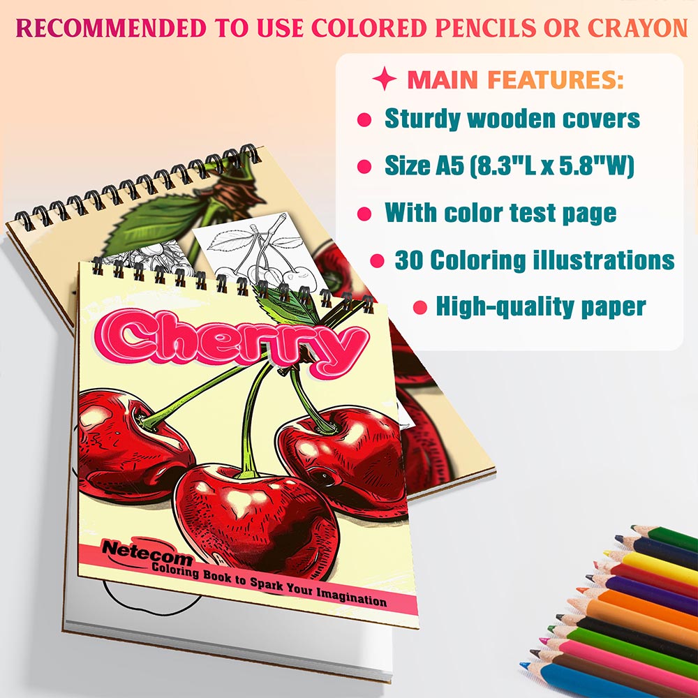 Netecom Cherry Coloring Book for Adults, A5 Wooden Cover, 30 Sweet and Juicy Pages of Cherry Coloring Pages for Stress Relief and Relaxation, Spiral Bound Edition