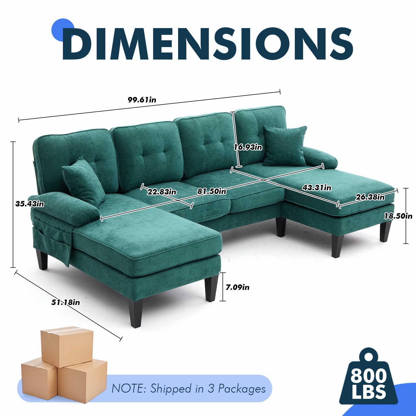 MOONMISS U-Shaped Sectional Sofa, 4 Seater Sectional Couch with Chaise, Modular Sleeper Sectionals for Living Room-Green