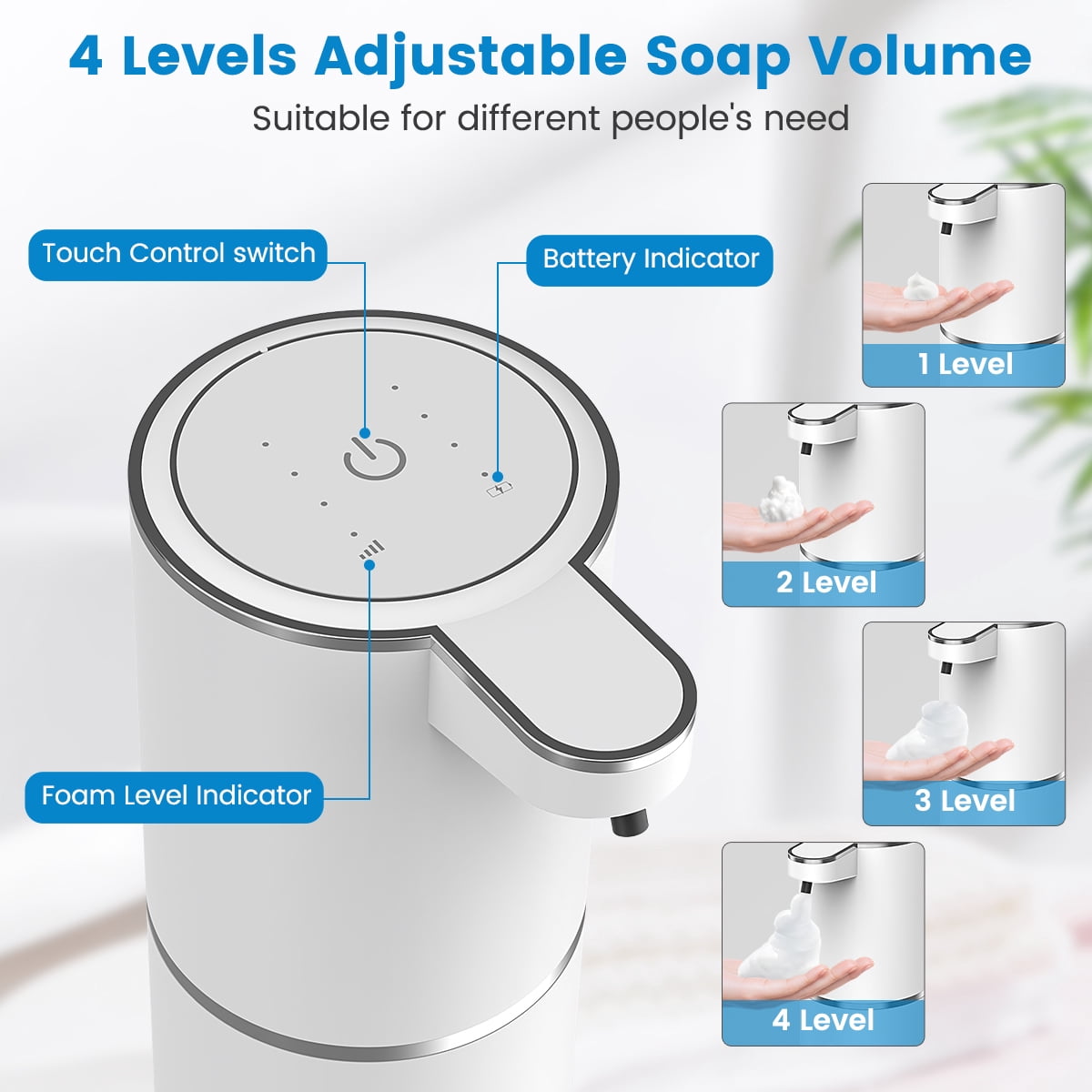 FEELSO Automatic Soap Dispenser, Touchless Foaming USB-C Rechargeable, 4-Level Adjustable, Wall Mount or Countertop, White