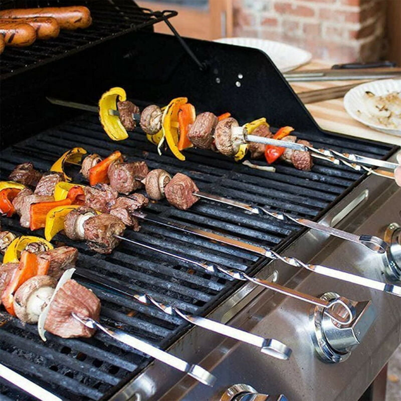 10pcs 38CM Metal BBQ Barbecue Skewers Kebab Grill Meat Cooking Steel Sticks&Clip 