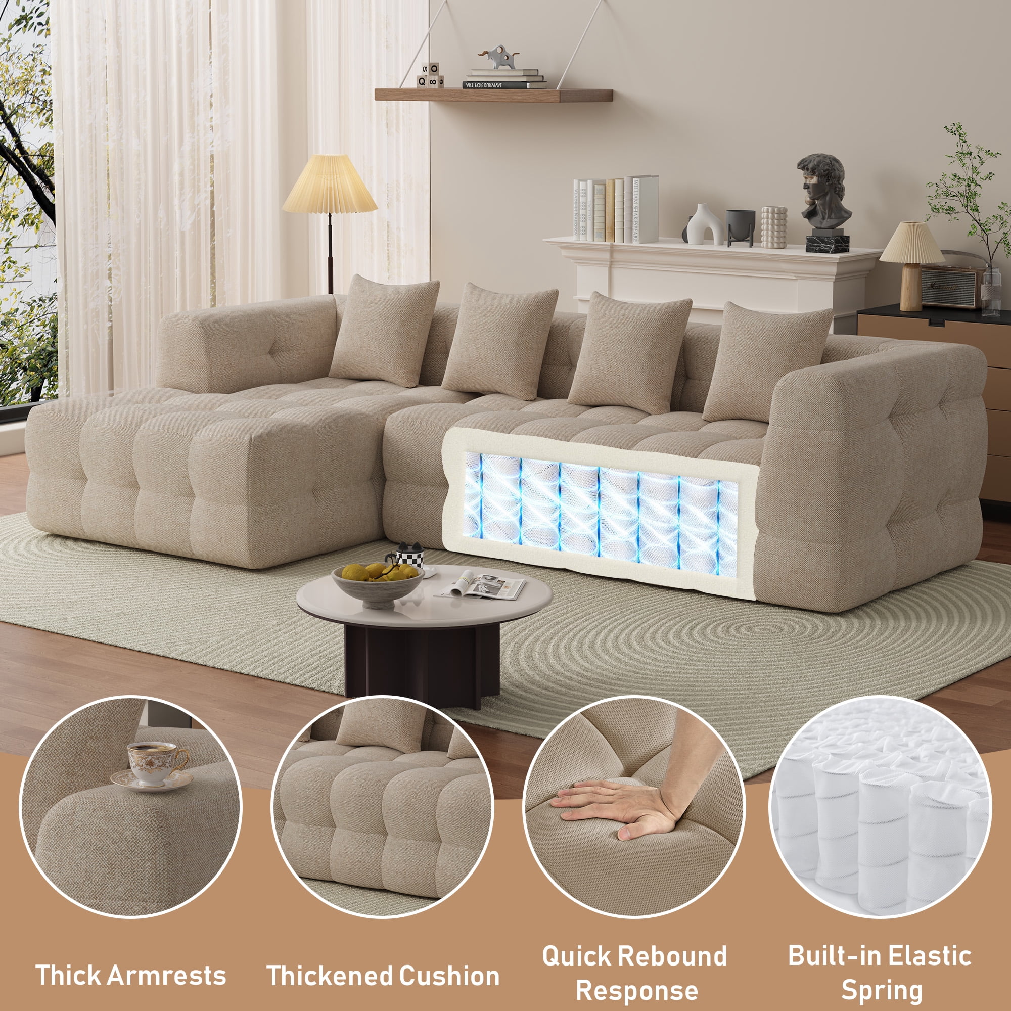 Wiilayok 120" Boneless Oversized Cloud Couch, Left Facing L-Shaped Chenille Sectional Sofa with Chaise Lounge, Deep Seat Upholstered Living Room Sofa with 4 Pillows, No Assembly, Light Brown