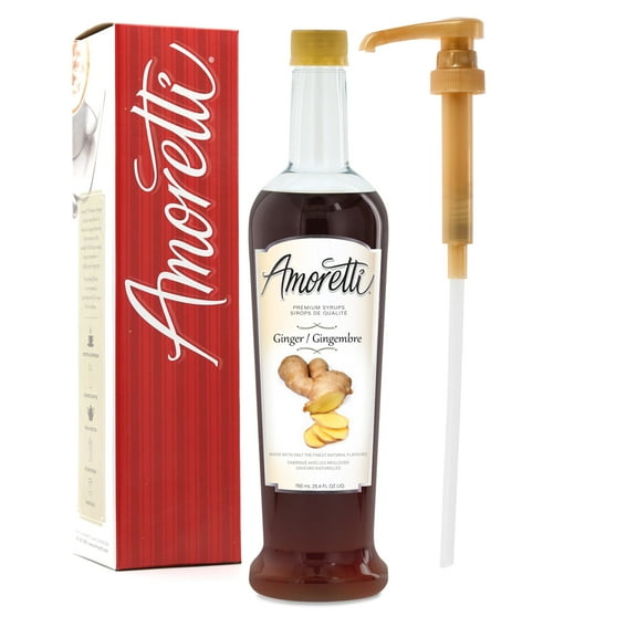 Amoretti - Premium Ginger Syrup, 94 Servings Per Bottle (750 ml), with Pump for Flavoring Coffees, Cocktails, and other Beverages, Gluten Free, GMO/GEO Free, Preservative Free