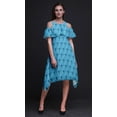 thumbnail image 2 of Bimba Robe à Volants Imprimée Géométrique Bleue pour Femmes Épaules Dénudées - Moyen, 2 of 6