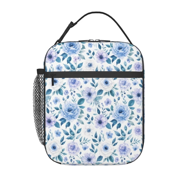 Blue Floral Lunch Bag Reusable Thermal Lunch Box with Handle for Women and Men
