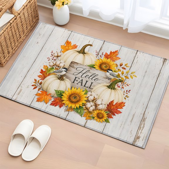 Hello Fall 2'x3' Washable Rug,Thanksgiving White Pumpkins Maple Leaves Wood Non-Slip Soft Doormat Area Rugs for Entrance Bathroom Bedsides,Front Doormat Carpet for Kitchen Bedroom,Entryway Floor Mat