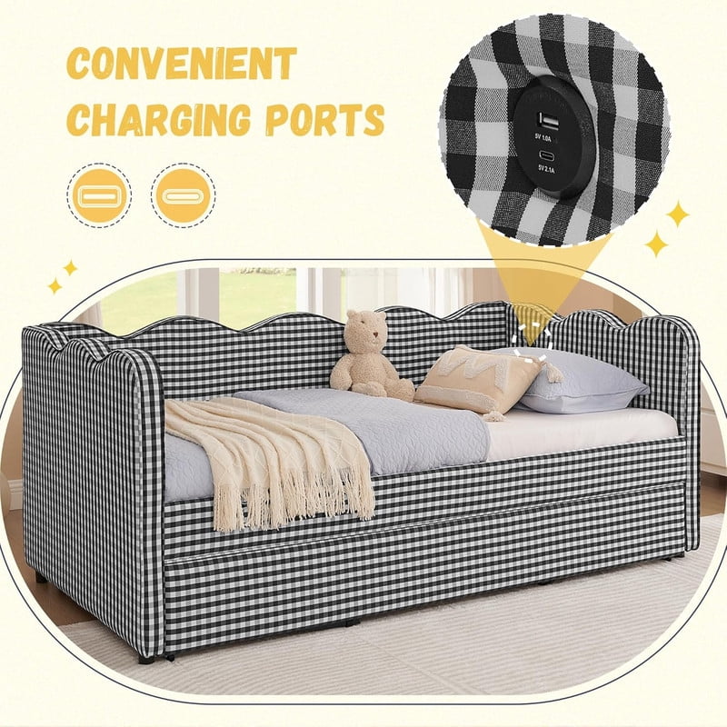 Full Size Upholstery Daybed with Trundle and USB, Full to King Design Wave Shaped Extendable Linen Sofa Bed, No Box Spring Required, for Living Room and Bedroom