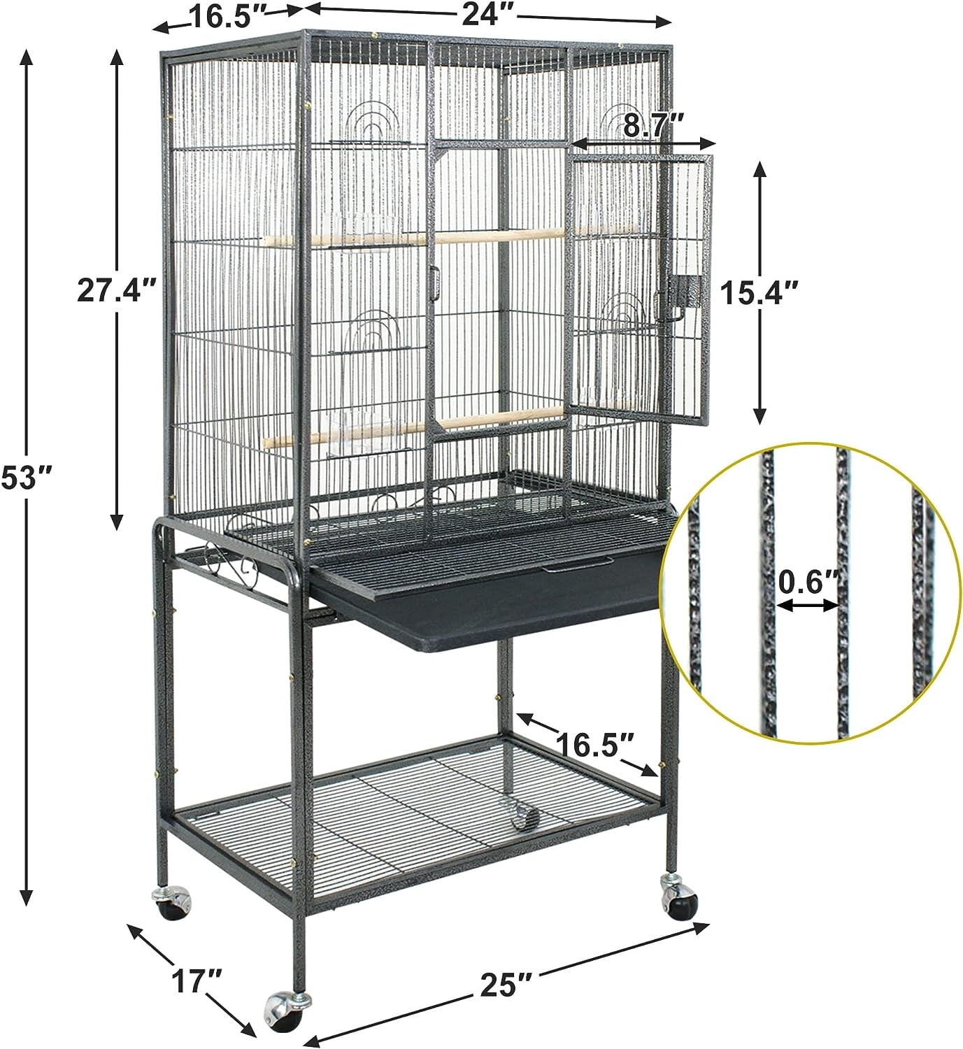 HomGarden 53.3 in Large Wrought Iron Bird Cage W/Perches for Cockatiels Parrot Parakeet Black