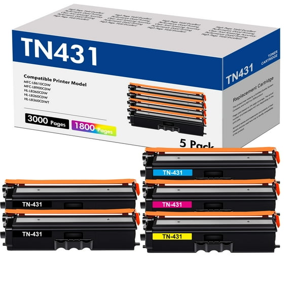TN431 TN-431 5-Pack Toner Cartridge Replacement for Brother HL-L8260CDW MFC-L8900CDW L8610CDW Printer (2BK 1C 1M 1Y)