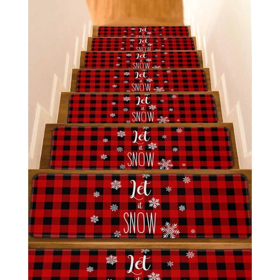 Red Black Plaid Christmas Stair Treads for Wooden Steps Indoor Runner Rug Carpet, Xmas Snowflake Winter 15 Pieces Peel and Stick Staircase Step Treads Covers Washable Throw Door Mats, 30"x8"
