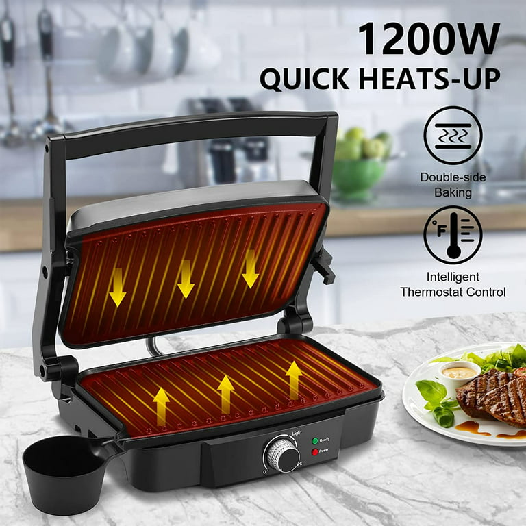 MONXOOK Panini Press Grill, 3-in-1 Sandwich Maker & Electric Grill,  Non-Stick Coated Plates, Temperature Control, Opens 180 Degrees, Removable  Drip