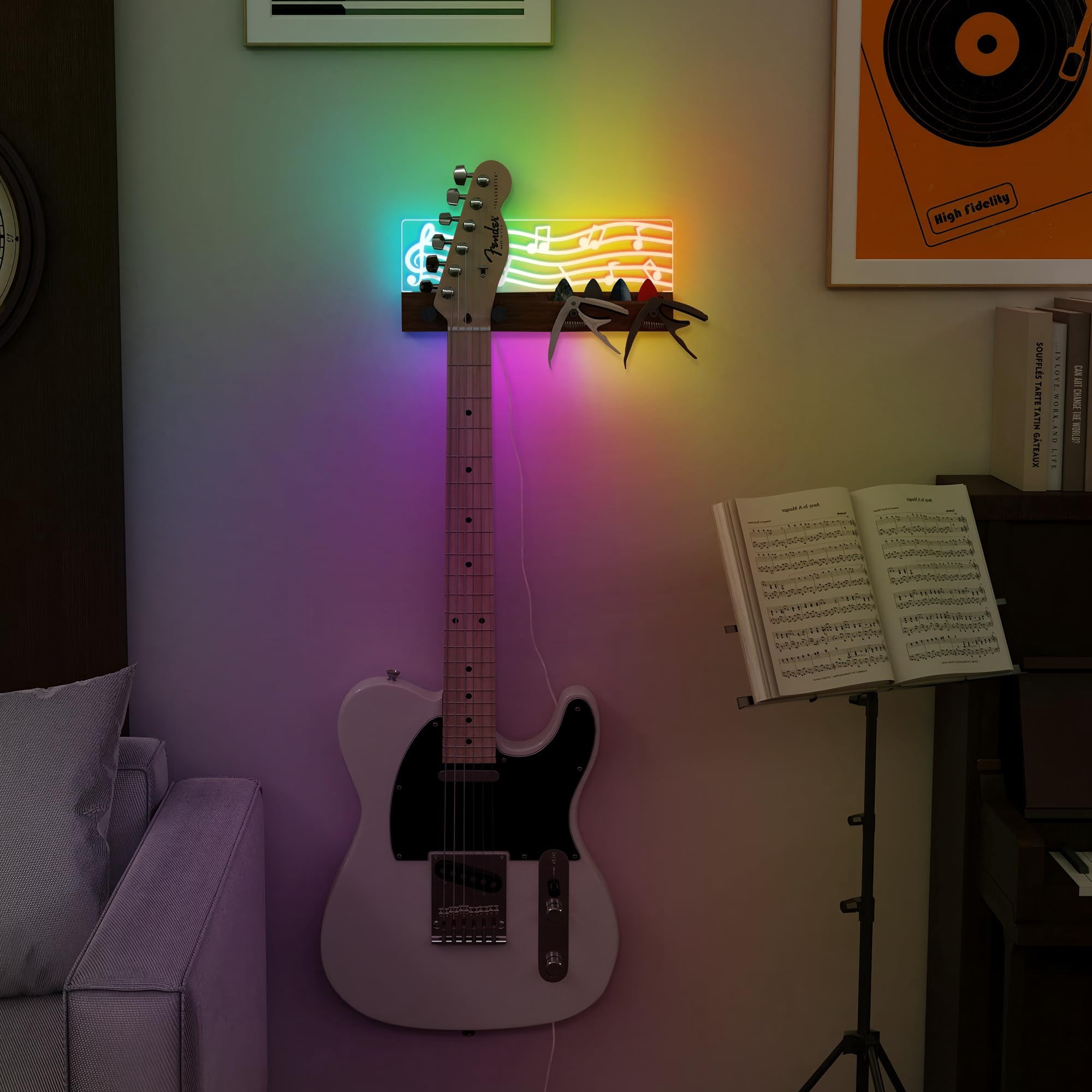 Guitar Accessories  Light Up Wall Mount Musical Notes Design Pick Holder With Capo Storage Usb Powered Premium Wood And Acrylic Gift For Music Lovers Guitarist