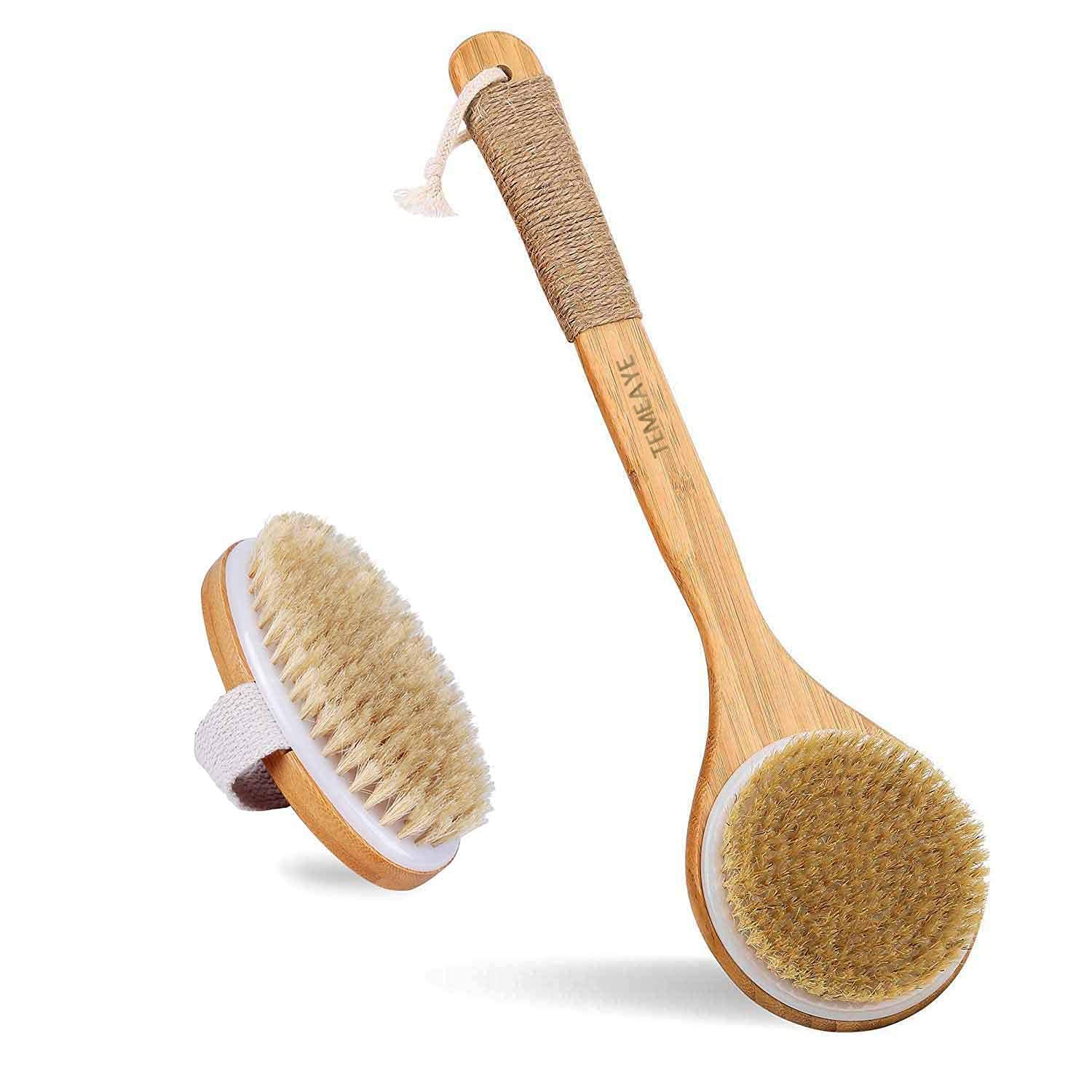 Dry Brush, Bath Brush Long Handle For Shower, Set of 2, with Wall Hooks