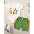 thumbnail image 4 of Aojekbee Baby Girl Boy First Birthday Outfit, Dinosaur Print Short Sleeve Romper Elastic Waist Shorts Toddler Summer Set, 4 of 10