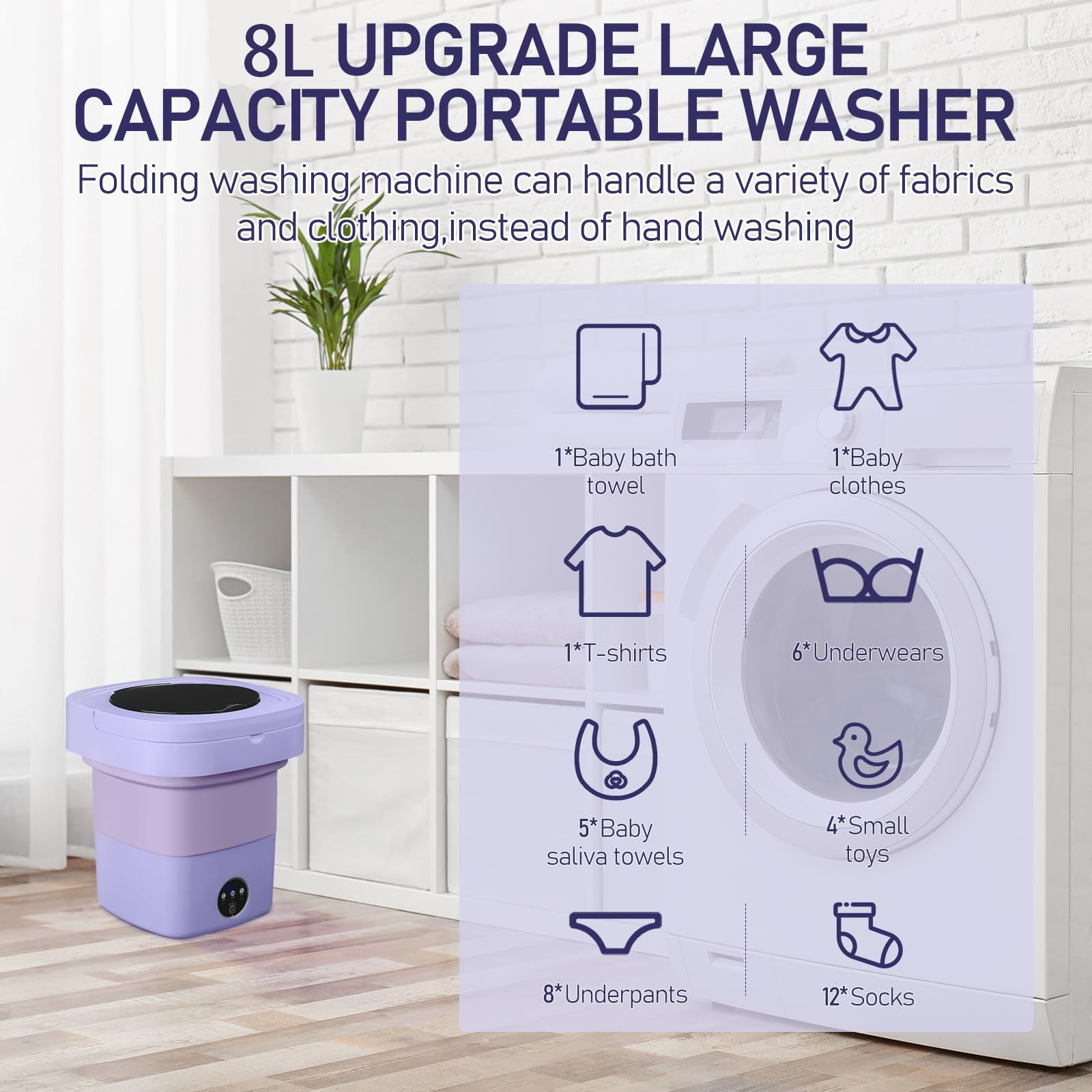 Portable Washing Machine, 8L Foldable Mini Washer with 3 Modes - Ideal for Underwear, Baby Clothes, Socks - Perfect for RVs, Apartments, Dorms & Travel, Lightweight & Space-Saving Design