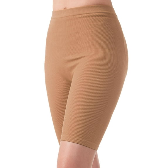 MixMatchy Women's Solid Seamless Ribbed Knee Biker Shorts with Band Waist